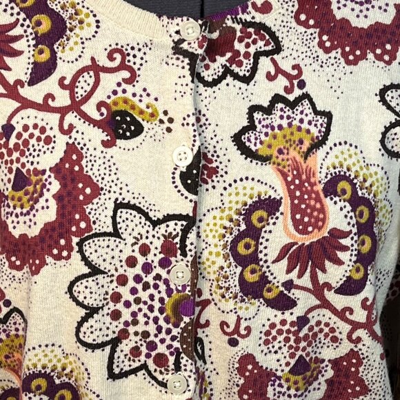 Fossil Women's Floral Cardigan Sweater Lightweight Crew-Neck Beige Purple Size L - Picture 2 of 7